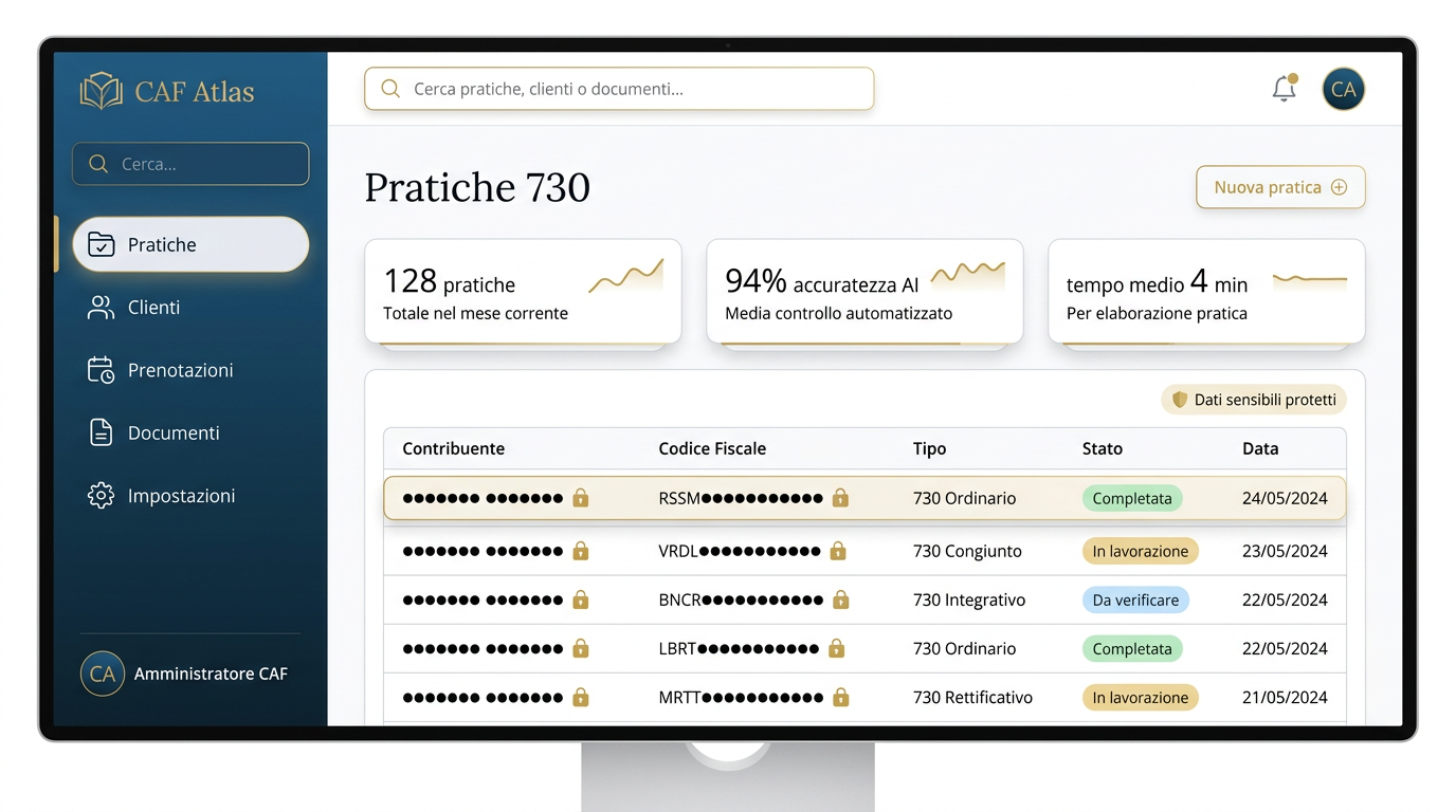 Dashboard CAF Atlas con elenco pratiche 730